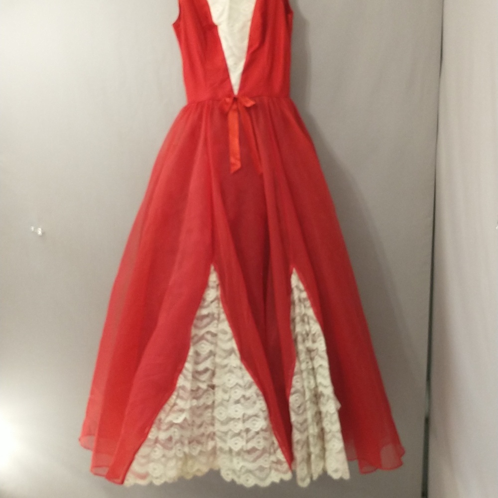 50s 60s Vintage Formal Gown Bright Red Cream Lace Fem Gone With The Wind Style - Picture 15 of 16